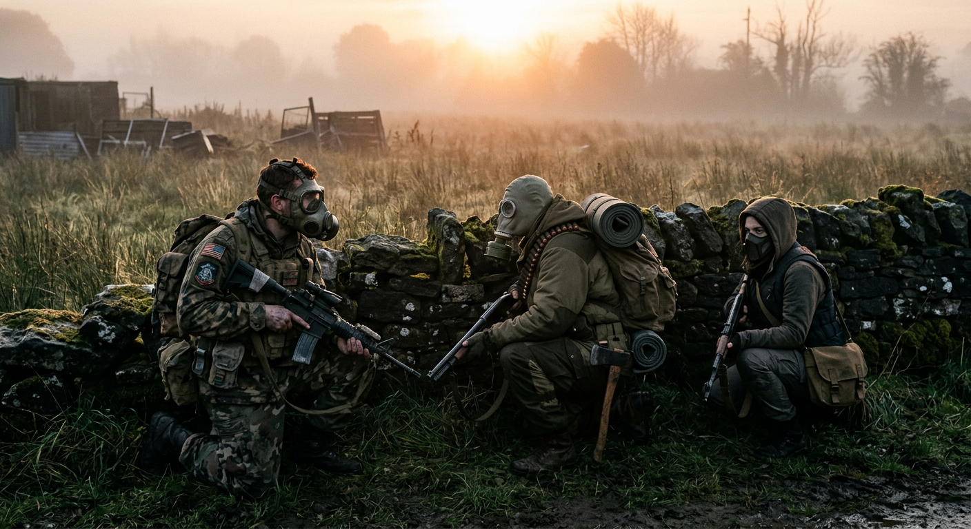 A squad of survivors in gas masks taking cover behind a stone wall at sunrise